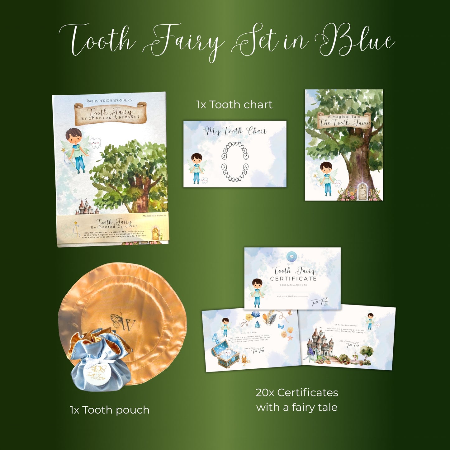 Tooth Fairy set with certificates, chart, and pouch on a green background #variant:blue