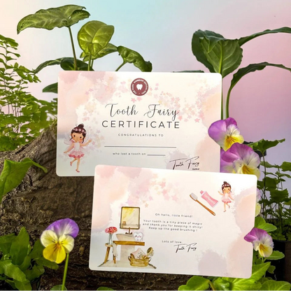 Tooth Fairy Set in Pink Each Side of Certificate
